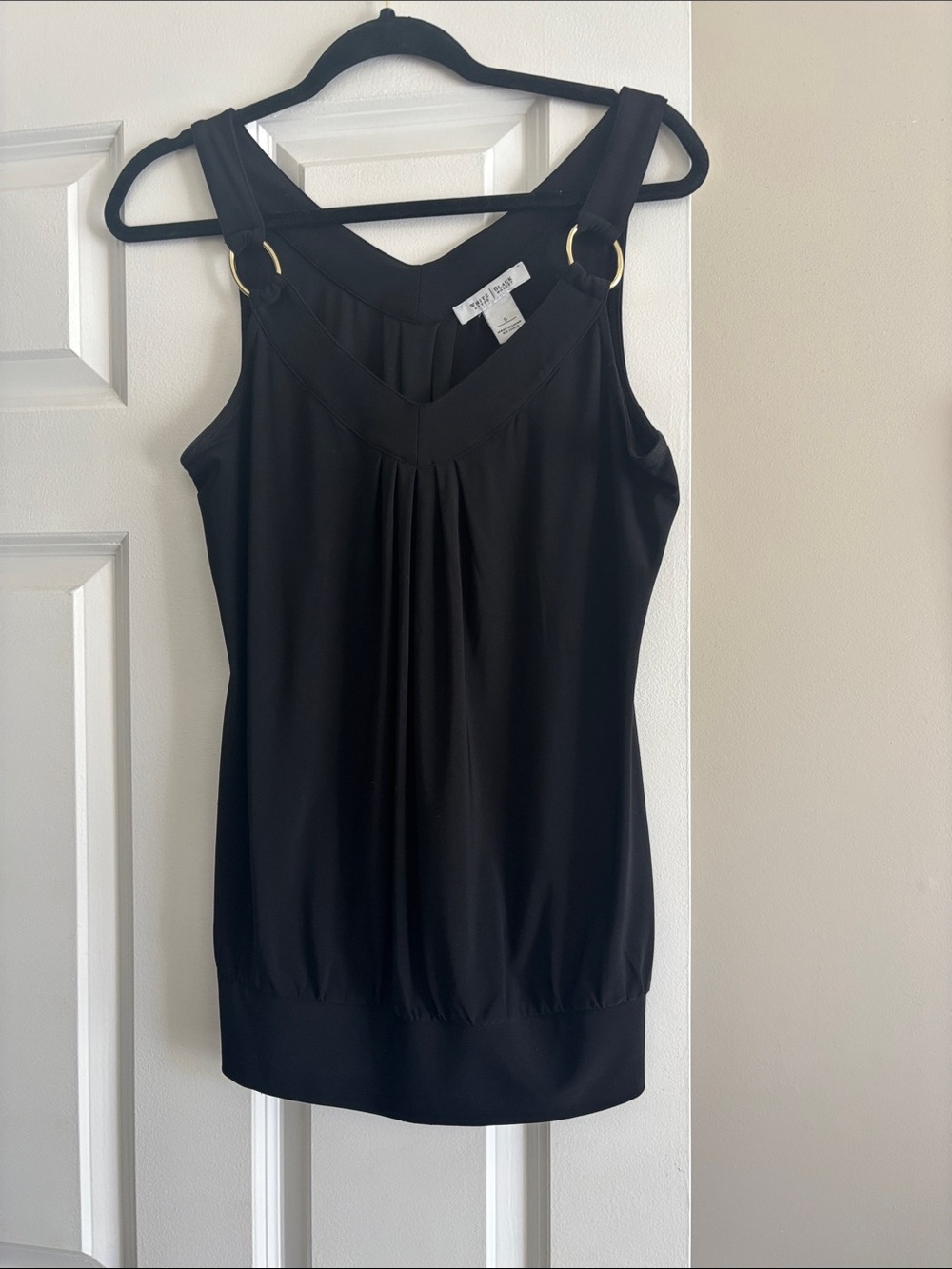 White House Black Market Black Sleeveless V-Neck Tank with Gold Ring Straps
